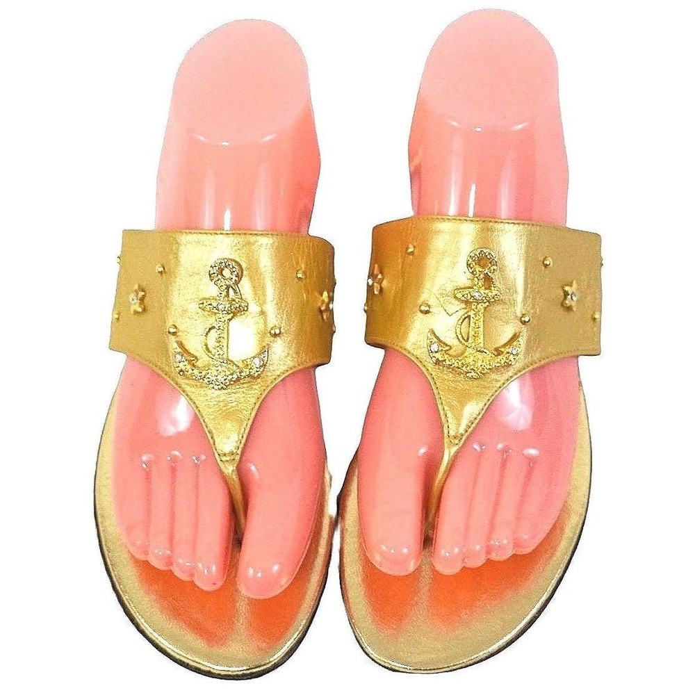 Nautical Timothy‎ Hitsman Thong Sandals Women 9.5 Gold Metallic Leather Anchor